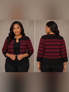 Ming Wang Sapphire PS Petite Black Red Textured Knit Open Front Career Jacket
